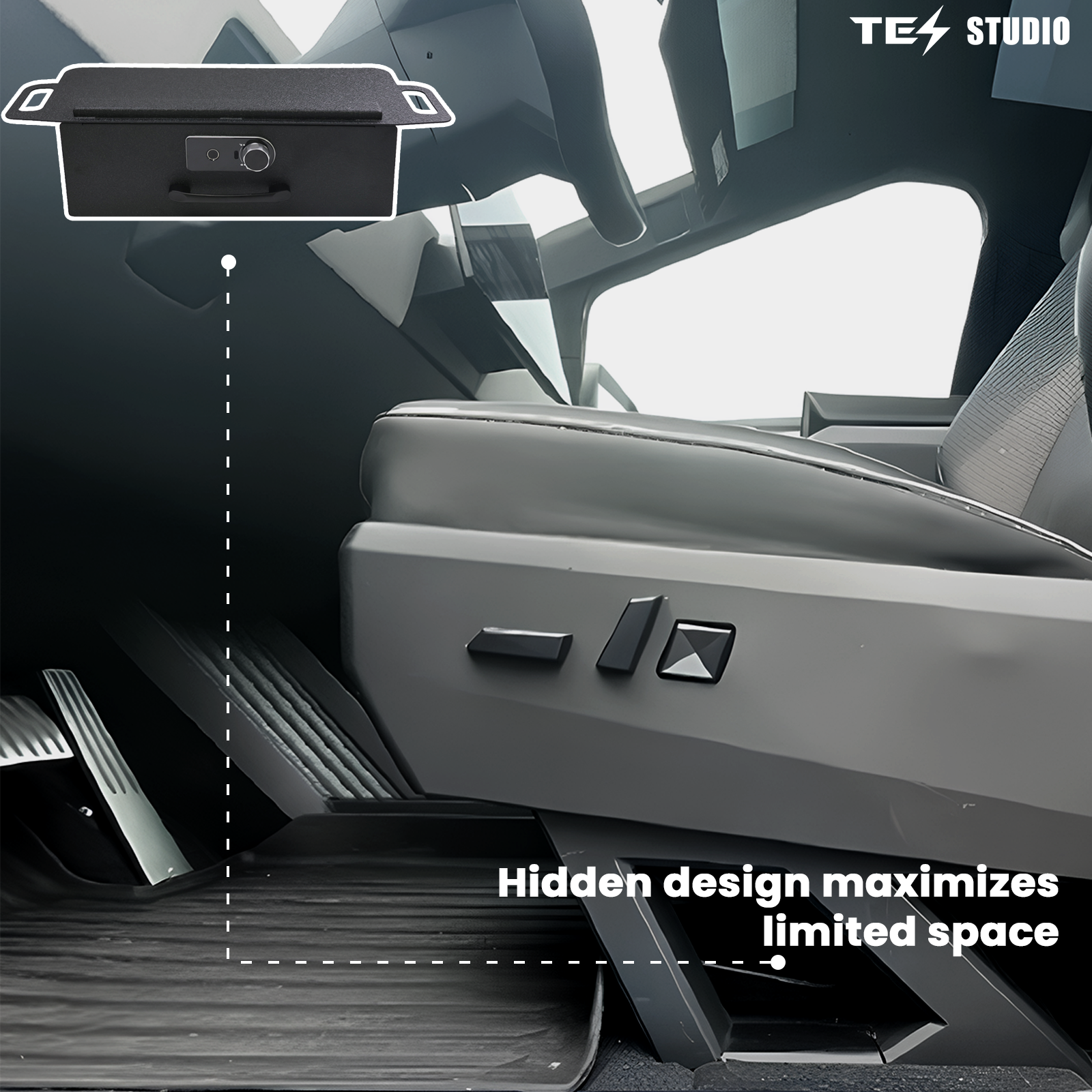 Tesla Cybertruck Under Seat Storage Box Tesla Accessories Interior Cybertruck Accessories Fingerprint Lock Tesstudio®