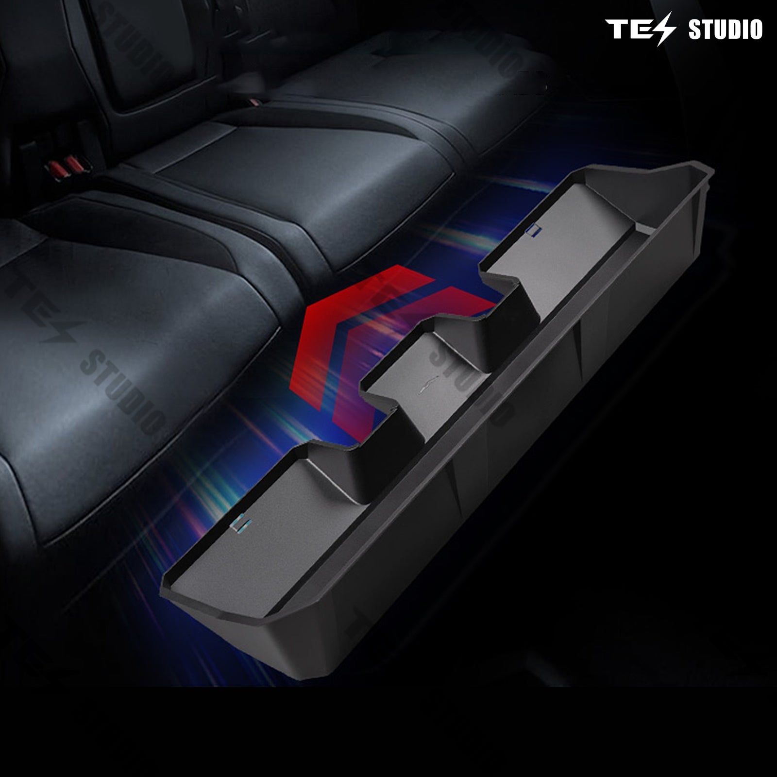 Tesstudio modular under-seat storage for Cybertruck's second row organizes accessories efficiently