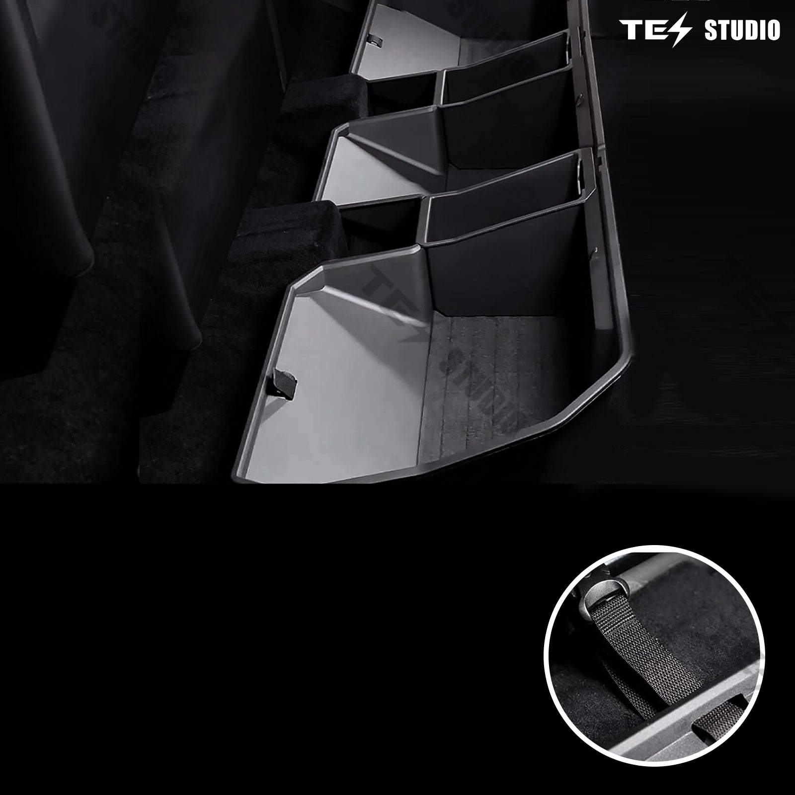 Tesstudio modular under-seat storage for Cybertruck's second row organizes accessories efficiently