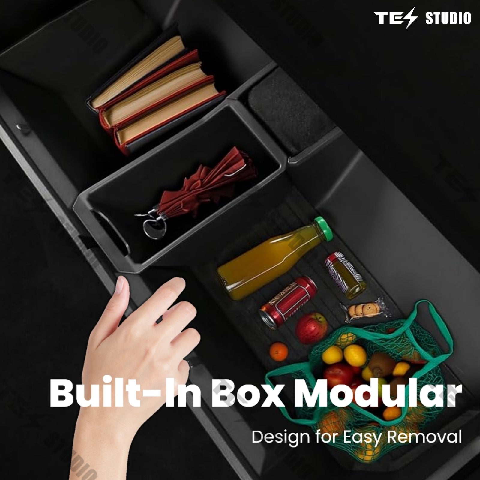 Tesstudio modular under-seat storage for Cybertruck's second row organizes accessories efficiently