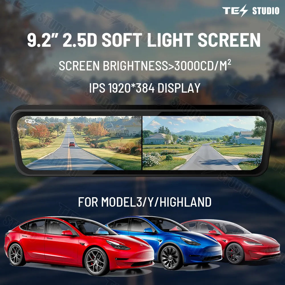 S92 Rearview Universal Fit for Model 3/Y/Highland 3 | 1080P HD DVR | Dual Way Video Recorder with WiFi | Anti Glare