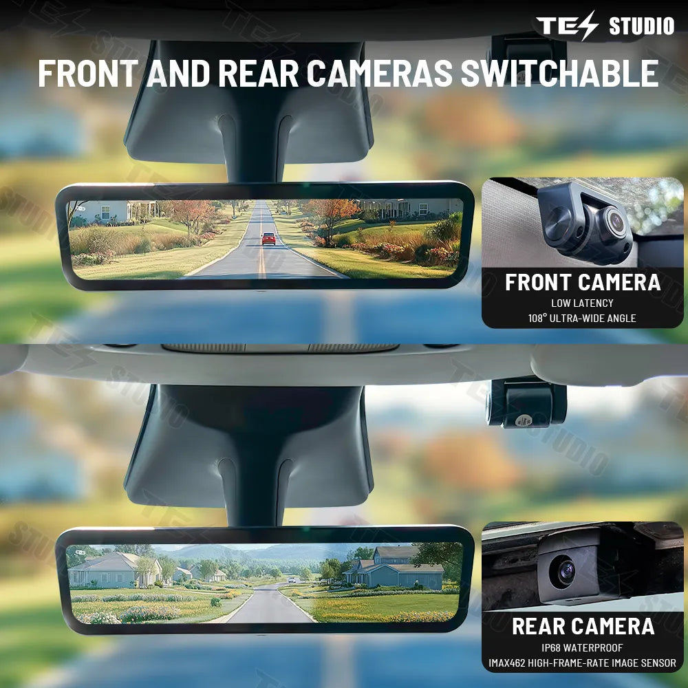 S92 Rearview Universal Fit for Model 3/Y/Highland 3 | 1080P HD DVR | Dual Way Video Recorder with WiFi | Anti Glare