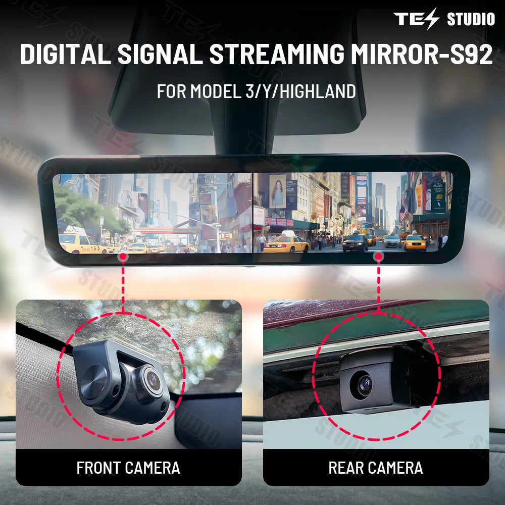 S92 Rearview Universal Fit for Model 3/Y/Highland 3 | 1080P HD DVR | Dual Way Video Recorder with WiFi | Anti Glare