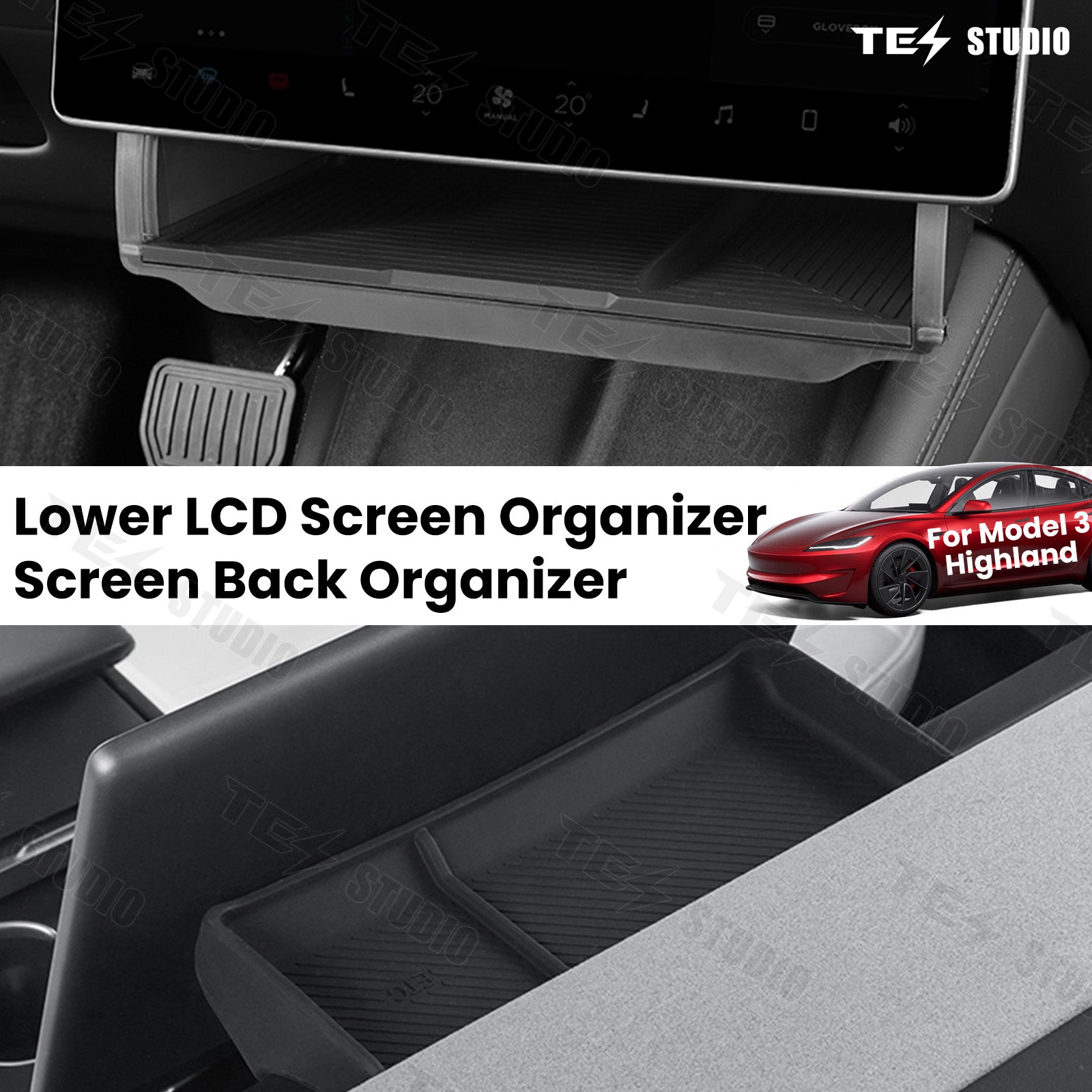 Model 3 Highland Hidden Central Control Screen Lower Storage Box Organizer Behind Screen ETC Storage Box Tesstudio®