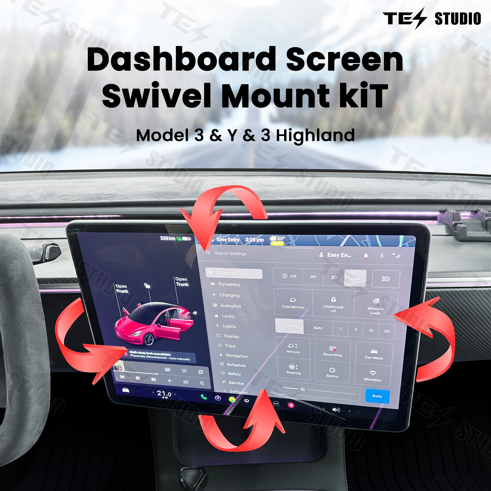 Tesla Model 3/Y/3 Highland Dashboard Swivel Mount Kit Center Screen Rotating Holder Kit Swivel Bracket Tesstudio®