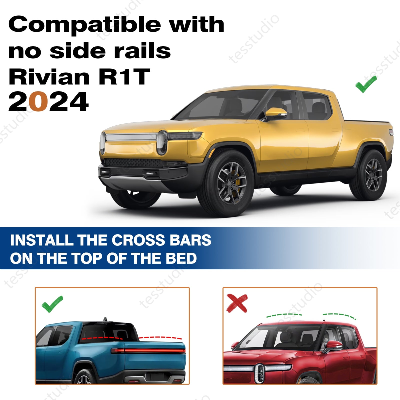 Rivian R1T Accessories Lockable Racks Roof Truck Pickup Bed Heavy Roof Rails Crossbars Rooftop Cargo Carrier Luggage Tesstudio®