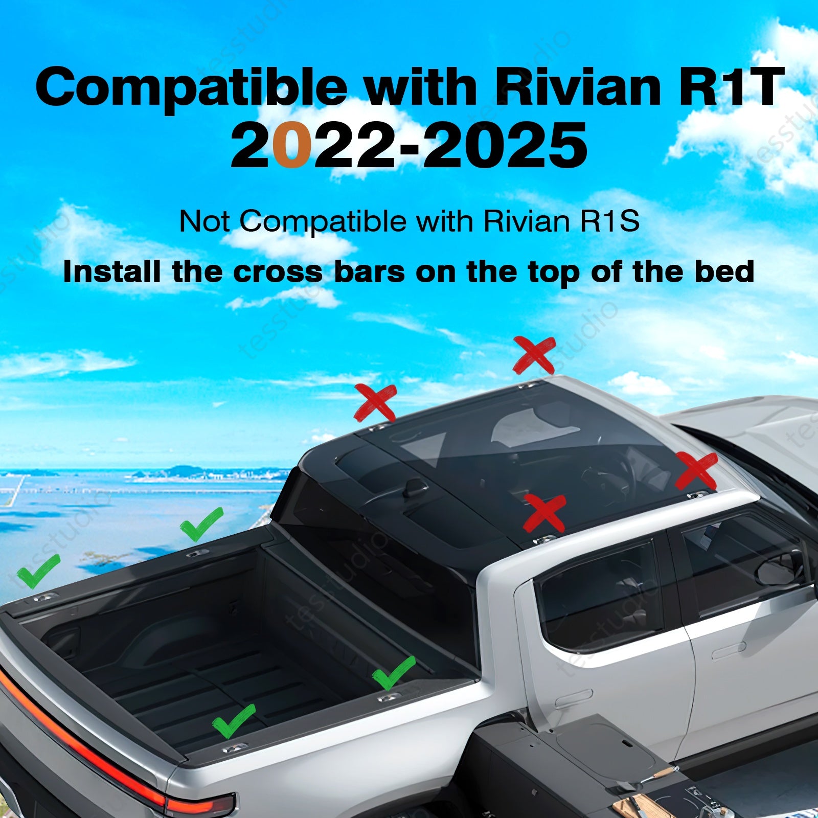 Rivian R1T Accessories Lockable Racks Roof Truck Pickup Bed Heavy Roof Rails Crossbars Rooftop Cargo Carrier Luggage Tesstudio®