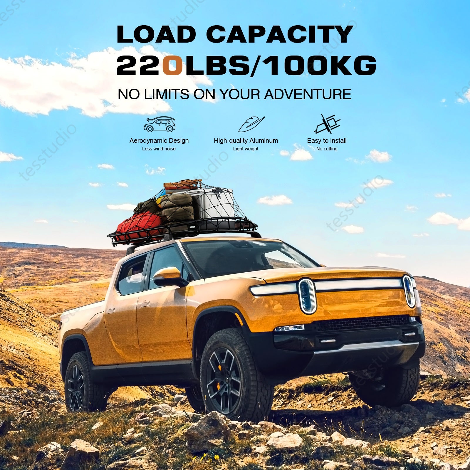 Rivian R1T Cargo Crossbars Lockable Roof Rack Black Rooftop Roof Rails Cross Bars Cargo Carrier Luggage Roof RailsTesstudio®