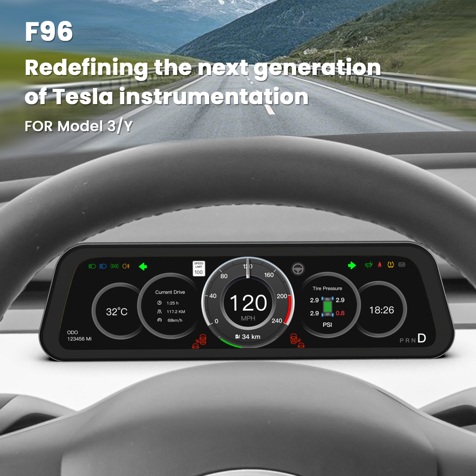 Tesla Model 3/Y F96C CarPlay Screen Dashboard Touchscreen Display Model Y Instrument Cluster Tesstudio®