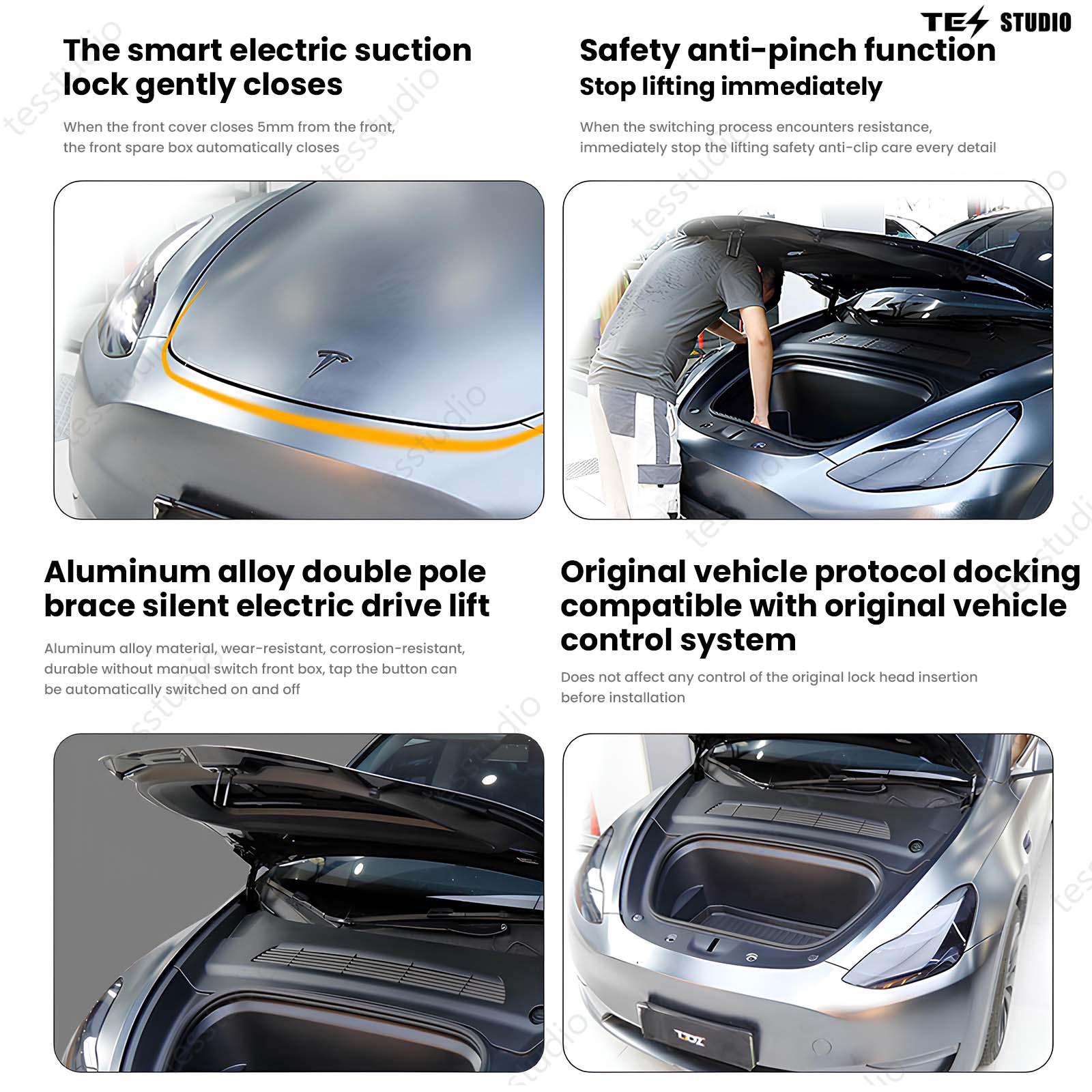 Tesla Model 3 Y Power Frunk Silent Front Trunk Electric Suction Lock 
Tesla Power Frunk Model 3 Model Y Auto Electric Power Frunk Kit Powered Frunk Tesstudio®