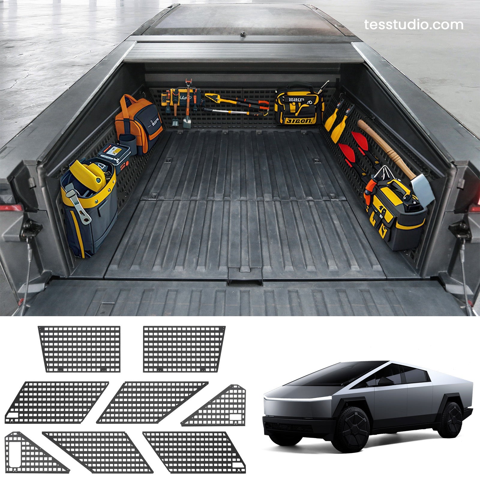 Tesla Cybertruck Trunk Cargo Bed Inner Side Molle Panels Rack System Tesstudio®