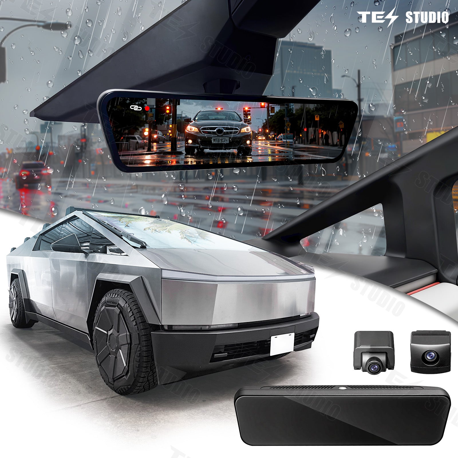 Cybertruck S92 Streaming Rearview Mirror Recorder 1080P HD DVR Dual Way Video Optical | Fiber Transmission Signal Tesstudio®